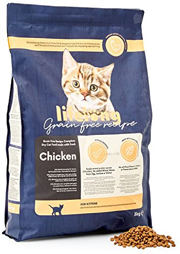 Amazon-Marke: Lifelong - Katzenfutter für junge Katzen (Junior), Fein zubereitetes Trockenfutter mit frischem Huhn, Getreidefreie Rezeptur, 3 kg (1er-Pack)