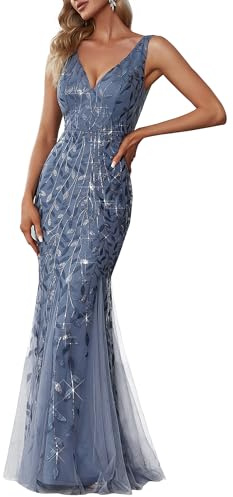 Ever-Pretty Women's Sequin Formal Dress Double V-Neck Sleeveless Mermaid Long Evening Prom Dresses Dusty Blue US8