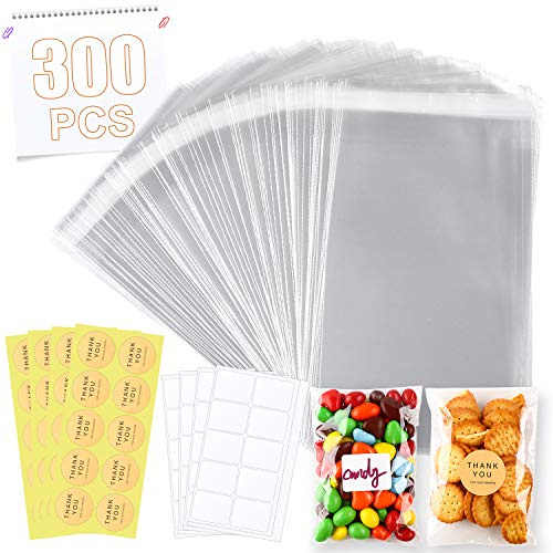 300 Stück 10,2 x 15,2 cm transparente wiederverschließbare Zellophantüten mit 40 Stück blanko selbstklebendem Etikettenpapier und 40 Stück Dankeschön-Aufkleber für Bäckerei, Kerzen, Seife, Keksbeutel