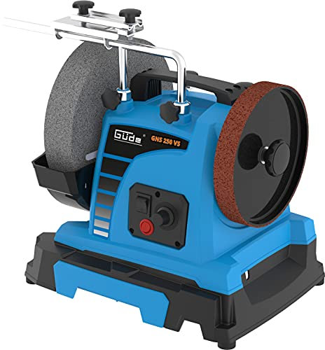Güde Nassschleifer GNS 250 VS Set (150 W, Induktionsmotor, Edelkorund-Schleifstein Ø 250 mm/220 K, Lederabziehscheibe, geeignet für Werkzeugstahl über 60 HRC, inkl. verschiedene Haltevorrichtungen)