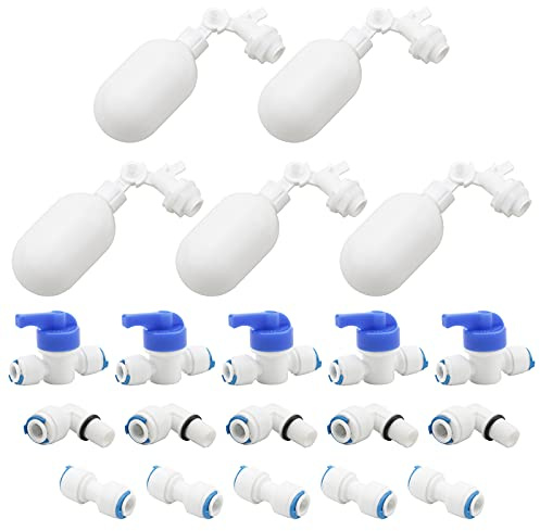 Pxyelec Top Install Schwimmer Einstellbare Schwimmer Kugelhahn mit 1/4 Push in zu Verbinden Rohr Fittings, Kunststoff Schwimmerventil für Wasser Umkehrosmose System Wassertrog Aquarium Teich