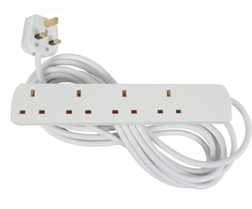 Extension Plug 4 Way Socket Long Extension Lead Mains Powers Gang Way Adapter Surge Protection With 4 Meter White Power Cable Strip Socket For Home Office (1, 4 meter)