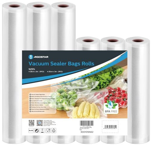Aigostar Sac Sous Vide Alimentaire, Pack de 6 Rouleaux (20x300 cm et 28x300 cm), Sans BPA, Approuvé par la FDA, Sacs Sous Vide Solides pour Aliments. Convient aux Machines d'emballage Sous Vide