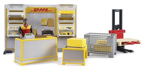 bruder 62251 - Bworld DHL Paketshop avec employé DHL - 1:16 Jouet, Accessoires, Succursale de poste, Facteur, Service de colis, Logistique, Expédition , Set de jeu
