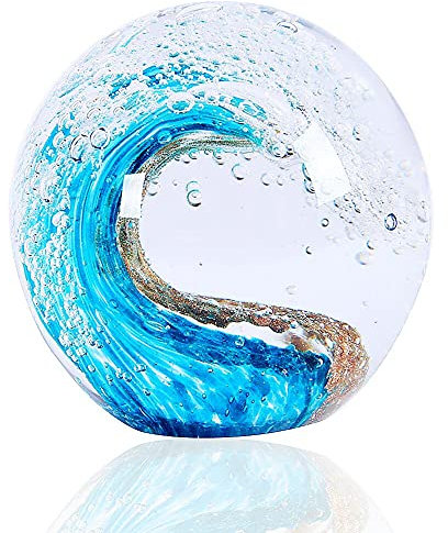 EUSTUMA Handgeblasene Glasfiguren, Kugel, Ozeanwellen, Büro-Briefbeschwerer, Glas für Schreibtisch, Heimdekoration, Sammlerstück, Aquarium-Dekoration, Bürodekoration, Ozeanliebhaber