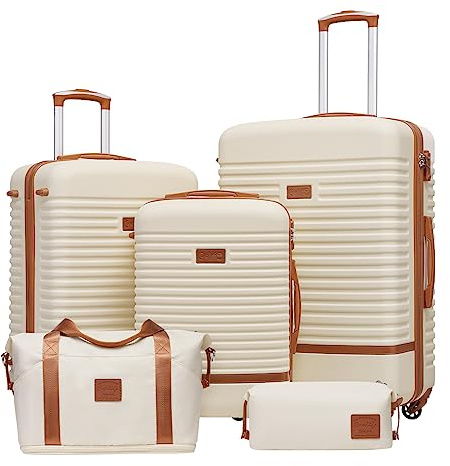 COOLIFE Suitcase Set 5PC: 28/24/20 + Weekenders, ABS Hard Shell Lightweight, 360°Wheels & TSA Locks Travel Luggage Sets - for Europe, Cruise, Study Abroad & Family Travel White/Brown
