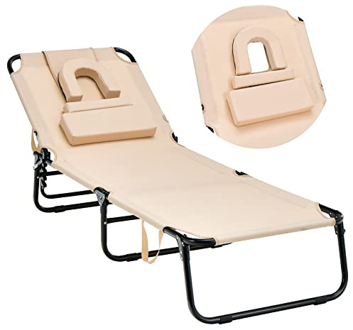GIANTEX Sedia Sdraio Pieghevole, Sedia Sdraio da Esterno con Foro per il Viso e Cuscini, Lettino Mare Pieghevole Portatile per Spiaggia,64x29x193,5 cm, 3 Colori (Beige)