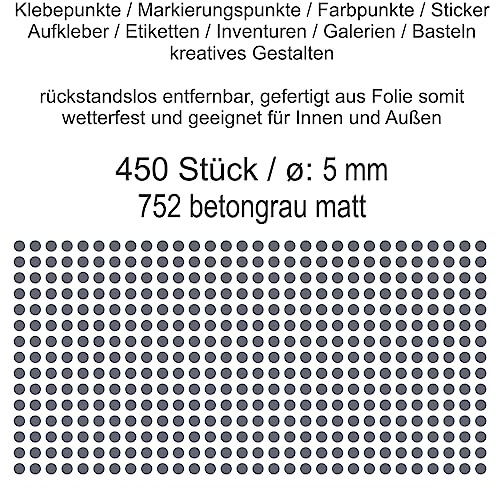 Aufkleber Etiketten Klebepunkte aus Folie 450 Stück grau betongrau matt rund 5 mm selbstklebend farbig wetterfest Decal Markierungen Organisieren DIY basteln verzieren Modellbau Scrapbooking