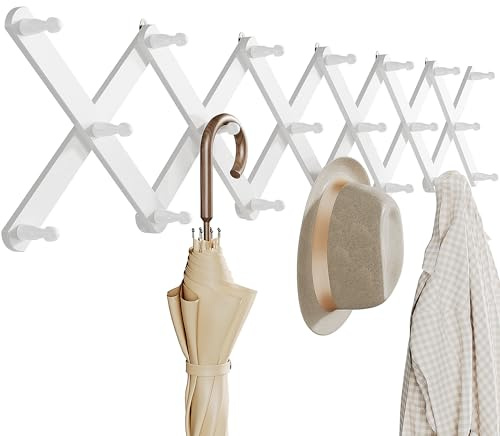 OROPY Wood Accordion Wall Hanger, Expandable Coat Rack Wall Mount with 20 Pegs, Expanding Hat Rack for Wall White