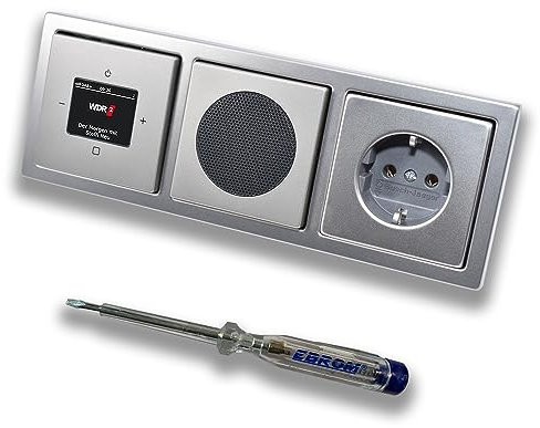 Busch Jäger DAB+ (DAB PLUS) UnterputzRadio 8215U-101 PUR Edelstahl, Set mit Lautsprecher, Abdeckungen, Steckdose mit Kinderschutz, Rahmen + EBROM Phasenprüfer zur Montage d. Geräte - 8215 U – 101
