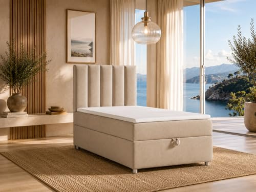 Best For Home Trinity K10 Boxspringbett 80x200 | Stauraum mit Topper | Einzelbett mit Bonell Federkernmatratze H3, Hoher Schlafkomfort, Gepolstertes Kopfteil, Modernes Bett Design und Bettkasten