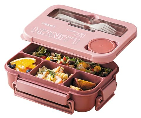 1200ml Bento Box mit 4 Fächern und Besteck, Lunchbox, Brotdose, Rosa | 4-Fächer-Lunchbox für Erwachsene mit Löffel, Gabel, Soßenschale und 4 Verschlüssen für Büro, Arbeit, Reisen und Picknick