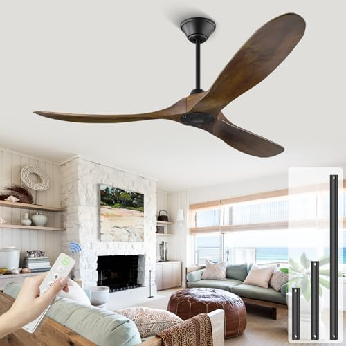 MSHENUED 52 Inch Wood Ceiling Fan with Remote, Outdoor Damp Rated Ceiling Fan Without Light for Patio, Rustic Walnut Fan for Bedroom Porch Farmhouse, 6 Speeds Quiet Reversible DC Motor