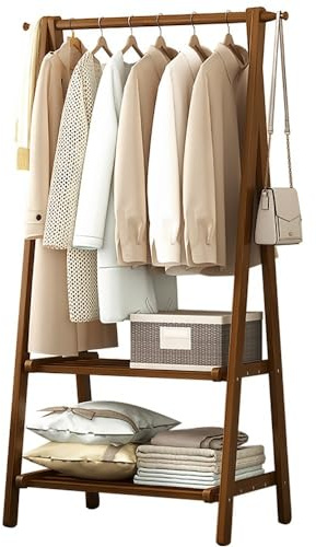 Baannaww Bamboo Clothes Rail, Clothes Rack with Double Layer Storage Shelf, Hanging Rail for clothes with 160cm High, Garment Rack for Bedroom, Lightweight Foldable Coat Stand L:66/86/116CM