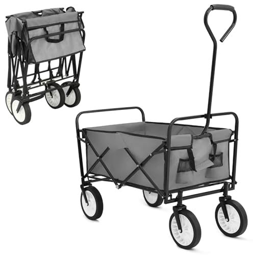 Chariot de Jardin Pliable, 98L Charge maximale 80 kg, Chariot de Transport avec Poche Latérale, Roues Orientables à 360 °, Chariot de Plage à Main, pour Randonnée, Shopping, Camping, Gris