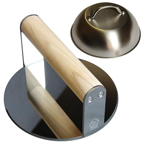 VIVLINE Smash Burger Kit, Smasher Profesional + Cupula fundir queso, Prensa hamburguesas Gourmet acero inoxidable antiadherente 14 cm para aplastar carne + Tapa derretir queso 22cm, Set cocina premium