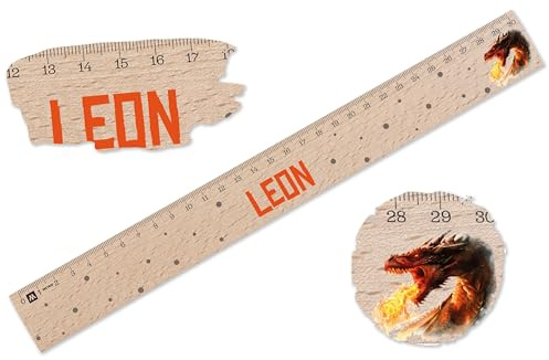Holz Lineal 30cm - Drache - 30 cm - Holzlineal mit feuerspeiendem Drachen | Personalisiert | Ideales Geschenk für Schulanfänger - 30 cm - Holz - 30 cm