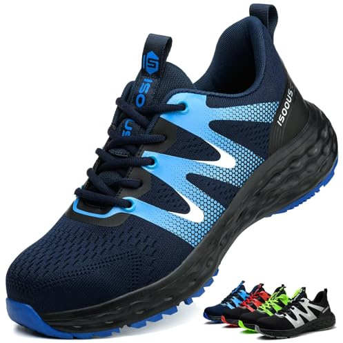 ISOOUS Arbeitsschuhe Herren Sicherheitsschuhe Damen Leicht Stahlkappenschuhe rutschfest mit Stahlkappe Atmungsaktiv Sportlich Blau 46 EU