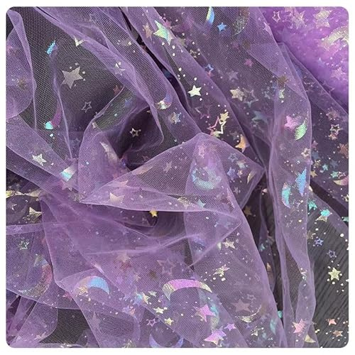Hrlace Tüll Stoff mit Stern Mond Pailletten Glitzer Tüllstoff Regenbogen Tulle Dekostoff Tüllband Organza Stoffe für Hochzeit DIY Headwear Handwerk Geschenk Wrap Tutu Rock Lila 100cm * 2m