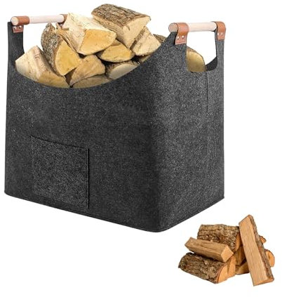 Pliable Panier Pour Cheminée, Panier de Rangement pour Bois de Chauffage, Sac à Bois en Feutre, Grand Panier de Rangement pour Bois de Chauffage avec Anse, pour le Bois de Chauffage, Gris Foncé