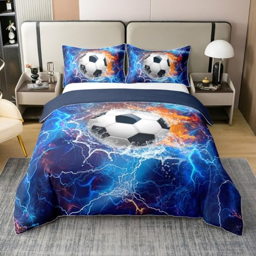 Loussiesd Children's Soccer 100% Cotton Bed Linen Set 155 x 220 cm Football in Fire and Water Bed Set for Boys Girls Ball Game Breathable Duvet Cover Set Room Decor