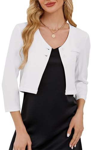 KOJOOIN Blazer Mujer Cropped Manga 3/4 Bolero Mujer Elegante Casual Chaqueta Blazer Elegante Cardigan Corto Shrug Top (Embalaje REUTILIZABLE), Blanco, XL
