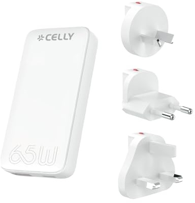 Celly TCTRAVELUNI65W, universalladdare för resor, snabbladdning med GaN-teknik, platsbesparande flera uttag, USB-C och USB-A-uttag, universell adapter EU/UK/AUS/US