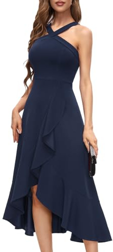 Bbonlinedress Aftonklänning, elegant festklänning för bröllop, halterneck, cocktailklänning med maxilängd, marinblå, L