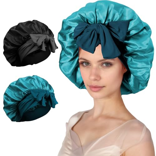 2PCS Silk Satin Hair Bonnet for Sleeping - Silk Sleep Bonnets for Women Curly Hair, Soft Breathable Satin Bonnet with Tie Band Hair Wrap Cap for Sleeping (Set C)