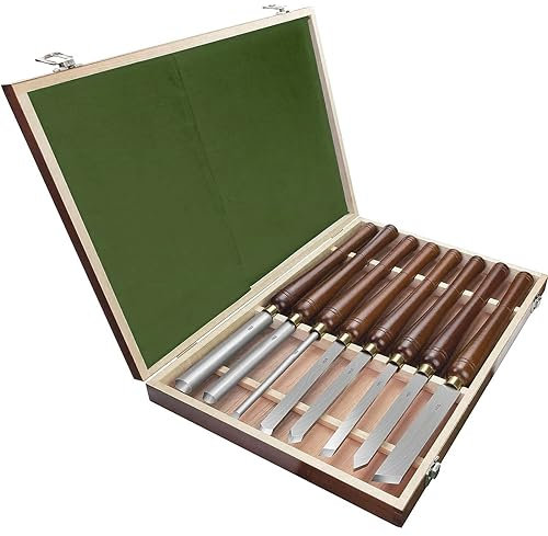 Juego de 8 herramientas de torneado de madera HSS para carpintería, cinceles para torno con caja de madera, herramientas de torno para torneado de madera, tallado de raíces, tallado de pieles, torno