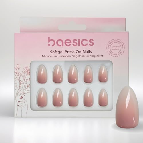 Baesics Softgel Press On Nails Babyboomer Almond - künstliche Nägel kurze | Softgel in verschiedenen Größen, flexibel und wiederverwendbar, ohne UV-Licht. Für Hochzeit, Festival und Alltag, mit Kleber