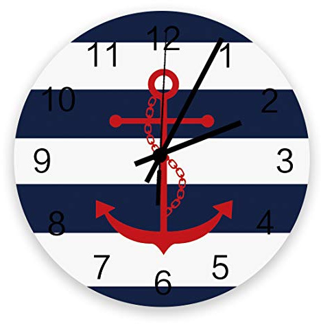 Ancre Nautique Rouge À Rayures Horizontales Bleu Marine Et Blanches 25Cm Ronde Pendule Murale Silencieuse Cuisine Horloge sans Tic-Tac Horloge Murale pour Bar Hôtel Maison