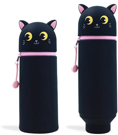 EEPLUYTY 2-In-1 Weiche Silikontasche - Kawaii, Kawaii Federmäppchen, Kinder Federmäppchen, DIY Niedlicher Cartoon, Stile (Schwarz-rosa Katze)