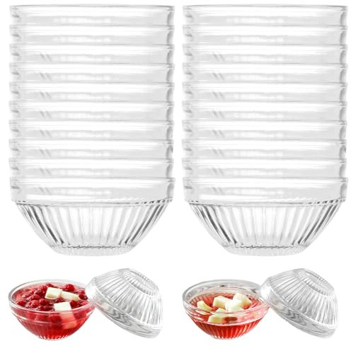 Behogan 20 Stück Kleine Dipschalen, 7.5cm Glasschale Streifendesign, Glasschale Set, runde Mini Dip Schälchen, Gewerbe Dessert Glasschale mit 75ml für Saucen & Dips (Streifenmuster)