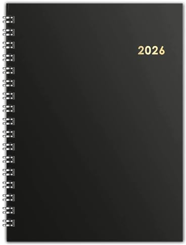 Terminplaner 2026 – A5 – Fester Einband – Kratzfeste Laminierung mit Goldfolie – Spiralbindung – Jahresübersicht – Monatsübersichten – Wochenübersichten – Geburtstagsseiten (Schwarz)