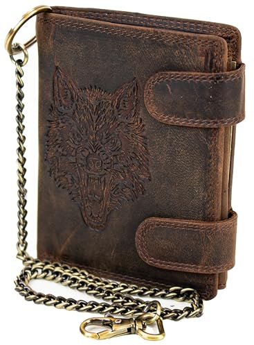 MDM Portafoglio da uomo in pelle con catena, formato verticale con catena di sicurezza, da motociclista, marrone, 10.0 X 12.5 X 2.5 Centimeters, Biker