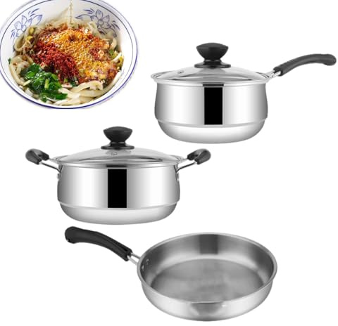 Juego de 3 sartenes antiadherentes - Utensilios duraderos | Sartenes de acero inoxidable, ollas antiadherentes, cocina familiar, saltar, freír, cocinar lento, cocinero en casa, preparación para