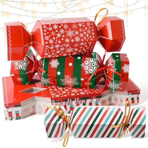 Yozexin 30 Packs Christmas Crackers, Make Your Own Christmas Crackers Kit, DIY Christmas Crackers Bulk, Christmas Party Cracker Candy Paper Boxes Novelty Decorations with Hats Riddle Cards, No Snap