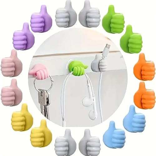 Thumbs-Up Cable Organizers, 10-Pack Multi-Colour Wall Hooks, Charger and Data Cable Holders