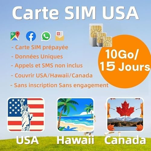 USA och Kanada SIM-kort | Exklusiv förbetald data | Höghastighets 5G/4G/LTE | 10GB under 15 dagar | Inget abonnemang eller registrering krävs | Omedelbar aktivering