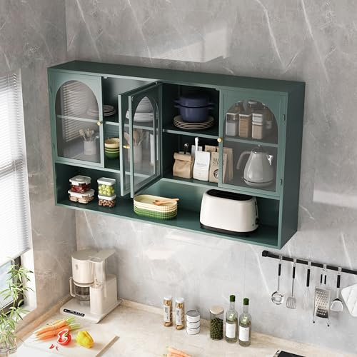 Ligterra 120 cm Hängeschrank Küche, Küchenhängeschränke mit 4 Glastüren, Hergestellt aus hochwertigem Eisen und gehärtetem Glas, zur Wandmontage, Geeignet für Küchen, Wohnzimmer(Dunkelgrün)