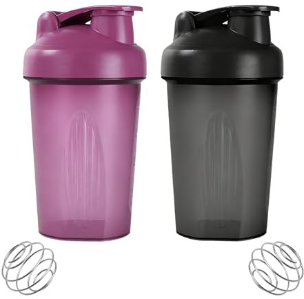 Nocecfi Protein & Supplement Shaker Bottle, 2 Pcs Protein Shaker Bottles with Stainless Steel Mixing Ball 400ml, Leakproof Flip On Lid Shake Cup for Men Women (Black, Purple)