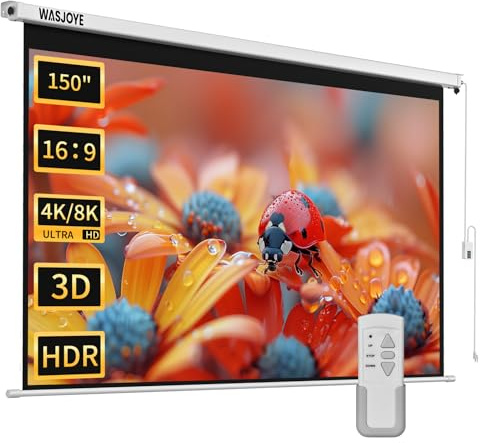 WASJOYE 150 Leinwand Beamer Elektrisch Diagonale Automatische Projektion 16:9 8K HD Filme Schirm für Heimkino Büro Videospiel Outdoor Indoor, Projector Screen W/Fernbedienung und Wand/Decke Mount