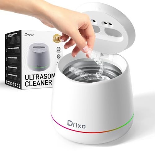Drixo Limpiador Ultrasonidos Dental y Férula, 45kHz 24W Ultrasonic Cleaner, Máquina 200ML para Alineadores Invisibles, Retenedores, Dentaduras y Brackets, IPX6 Impermeable, 9 Modos, Blanco