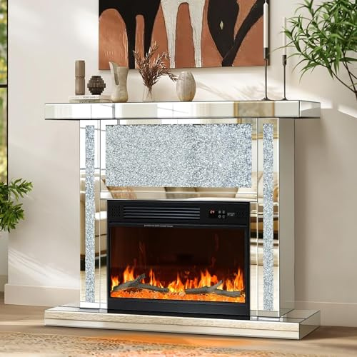 Verspiegelter Elektrokamin mit gebrochenem Diamant, Kaminaufsatz & Bluetooth-Lautsprecher, 7 Farben 3D-Flammeneffekt, Fernbedienung, silberner freistehender Kamin für Wohnzimmer, Schlafzimmer & Ecke