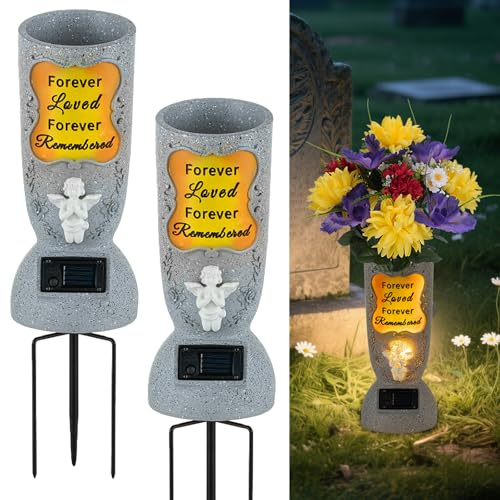 Memobloom Cemetery Vases for Grave with Spikes: 2 Pcs Solar LED Angel Headstones Vases for Cemetery Artificial Flowers - Outdoor Fake Silk Floral Holder Memorial Day Grave Decorations