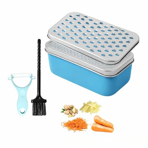 Grattugia Formaggio Manuale in Acciaio Inox con Contenitore, 2 Lame Intercambiabili, per Formaggio Grattugiato, Verdure, Zenzero, Frutta, con Coperchio e Spazzola (Blu)
