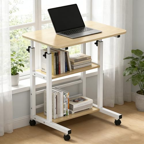 Verdego Höhenverstellbarer Schreibtisch, Beistelltisch mit Rollen, 2 Ablagen, PC Tisch 40 x 60 x 56-82cm, Platzsparender, Kleiner Mobiler Computertisch für Home Office, Sofa, Bett (Holzoptik)