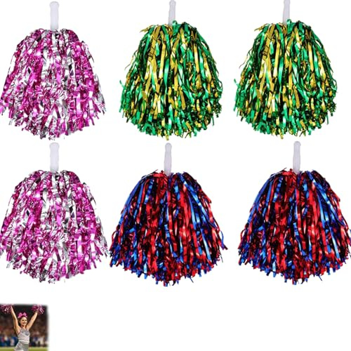 6 PCS Cheerleading Pom Poms, Cheerleader Pompoms Hand Flowers(3 Colors) | Mixed ColorColorful Cheerleading Pompoms with Handles for Sports Matches, Stage Performance, Party Celebration