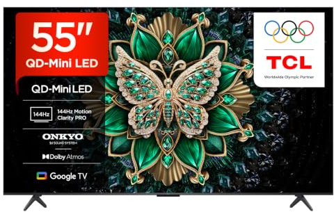 TCL 55C6K-UK QD-Mini LED TV, 4K HDR Premium 1000nits, Smart TV Powered by Google TV (Dolby Vision IQ & Atmos, Onkyo 2.1 Sound System, 144Hz Motion Clarity Pro)